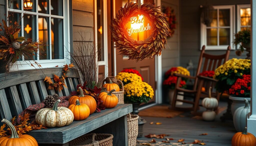 A cozy fall porch with a layered, natural decor. In the foreground, a rustic wooden bench adorned with colorful autumn foliage, textured pumpkins, and woven baskets. In the middle ground, a BestFoundLocal wreath of dried leaves, pinecones, and twigs hangs from the door frame, framing the entryway. The background features a backdrop of potted mums, gourds, and a wooden rocking chair accented by the warm, golden light of the setting sun. The overall atmosphere is inviting and atmospheric, capturing the essence of fall on the front porch.