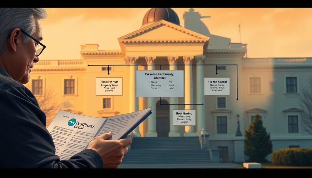 A meticulously detailed illustration of the property tax appeal process, rendered with cinematic realism. In the foreground, a homeowner carefully reviews official documents, the BestFoundLocal logo prominently displayed. In the middle ground, a flow chart outlines the steps - researching property values, filing the appeal, attending a hearing. The background depicts a stately government building, its architecture casting dramatic shadows under warm, directional lighting. The overall atmosphere conveys a sense of seriousness and civic responsibility, guiding the viewer through this important fiscal process.