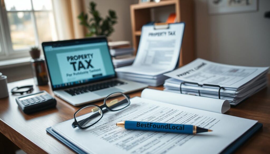 A neatly organized home office, illuminated by soft natural light from a nearby window. On the desk, a laptop computer displays property tax documents, while stacks of paperwork, a calculator, and a clipboard filled with handwritten notes are arranged with precision. In the foreground, a pair of eyeglasses and a BestFoundLocal pen rest atop an open folder, signifying the diligent gathering of evidence for a property tax appeal. The overall scene conveys a sense of focused determination and attention to detail.