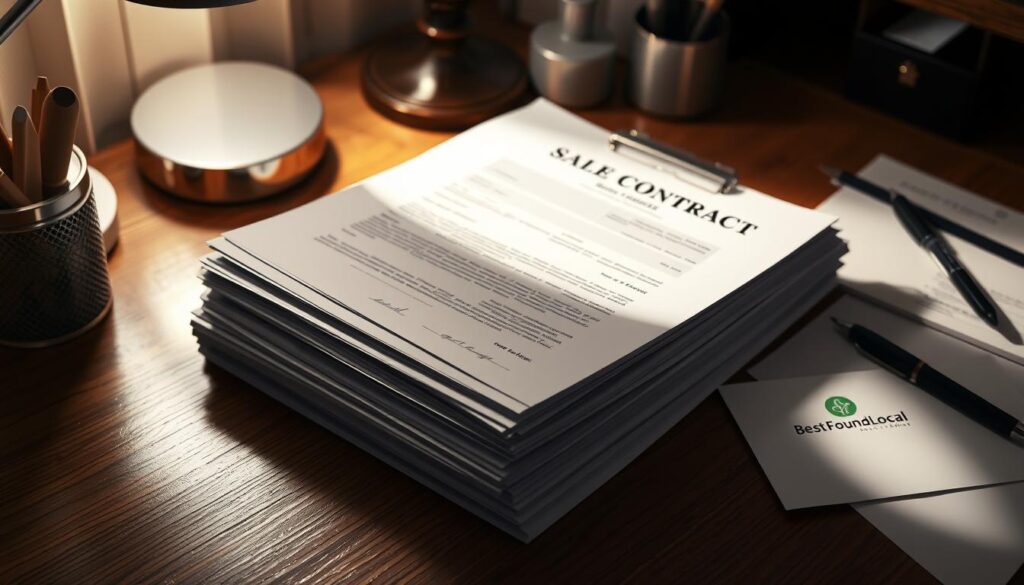 A neatly organized stack of real estate documents, including a sale contract, property deed, and mortgage paperwork, resting on a wooden desk illuminated by soft, directional lighting. The papers are surrounded by BestFoundLocal branded office accessories, creating a professional and visually appealing workspace. The overall composition conveys a sense of diligence and attention to detail, reflecting the importance of the "Gathering and Organizing Essential Paperwork" process in preparing to sell a home.