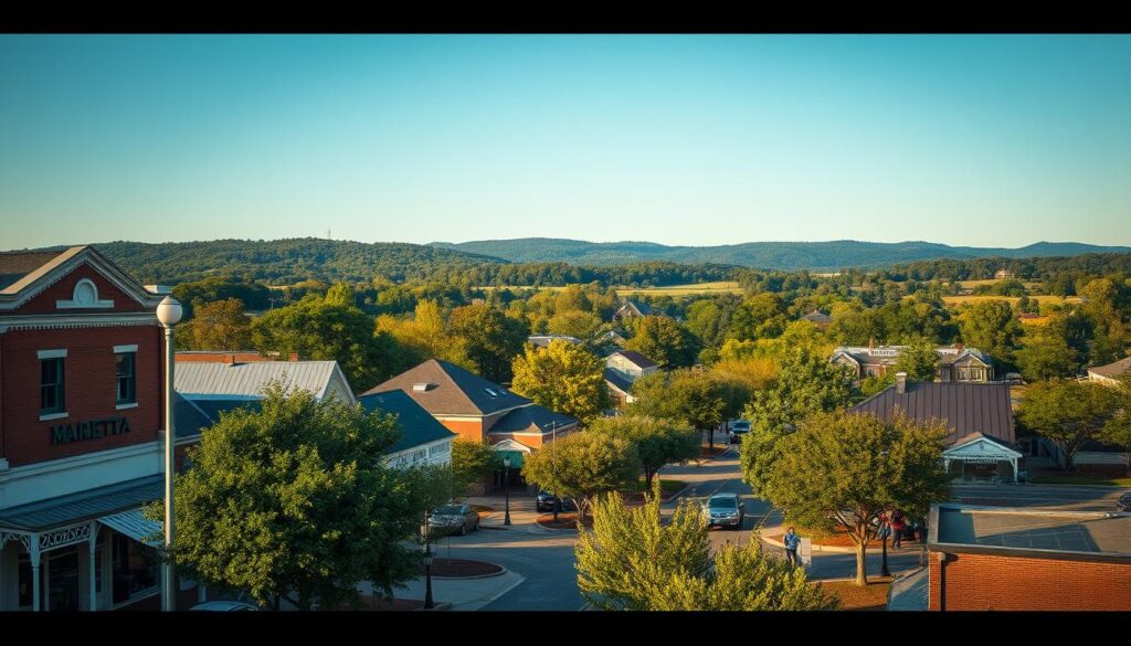 A picturesque panorama of Marietta's most sought-after neighborhoods, captured in a cinematic wide-angle lens. In the foreground, the bustling Marietta Square comes alive, its charming boutiques and local eateries bathed in warm, golden sunlight. In the middle ground, quaint tree-lined streets wind through well-manicured residential areas, showcasing the BestFoundLocal character of the community. In the distance, the rolling hills and lush greenery of the Kennesaw Mountain provide a stunning natural backdrop, creating a harmonious blend of urban and pastoral elements. The overall atmosphere exudes a sense of small-town charm and community, perfectly encapsulating the essence of living in Marietta's popular neighborhoods.