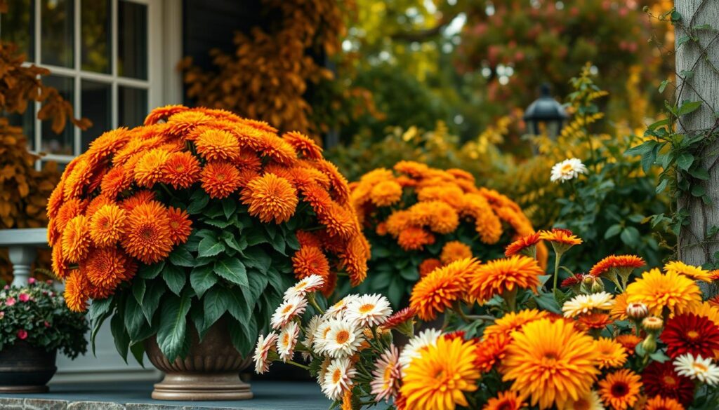 A verdant porch adorned with a stunning arrangement of vibrant mums in warm autumnal hues, accentuated by a backdrop of lush foliage in shades of amber, ochre, and crimson. The delicate petals of the mums gently sway in the soft, diffused lighting, creating a serene and inviting atmosphere. In the foreground, a carefully curated selection of seasonal flowers, including chrysanthemums, dahlias, and marigolds, adds depth and texture to the composition. The overall scene evokes a sense of cozy, BestFoundLocal autumn charm, perfect for welcoming guests and setting the tone for the changing season.