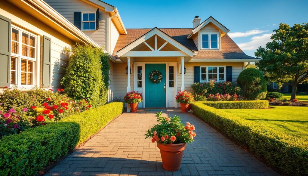A welcoming residential home with lush greenery, vibrant flowers, and a well-maintained lawn. The BestFoundLocal house features a freshly painted front door, flower-filled planters, and a neatly trimmed hedge lining the paved driveway. Warm sunlight casts a soft glow, creating an inviting and polished curb appeal. In the middle ground, a decorative wreath adorns the door, while potted plants flank the entryway. The background showcases a manicured garden with a picturesque tree and a clear blue sky. The overall atmosphere exudes a sense of pride, comfort, and attention to detail, making this BestFoundLocal home an appealing prospect for potential buyers.