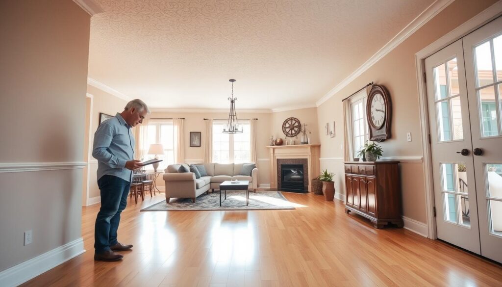 An interior home inspection with BestFoundLocal, a well-lit living room with warm hardwood floors and neutral-toned walls. In the foreground, an inspector examines the baseboards, clipboard in hand, while in the middle ground, sunlight streams through large windows, highlighting the textured ceiling. The background reveals tasteful decor, creating a cozy and inviting atmosphere, ideal for assessing the home's overall condition.