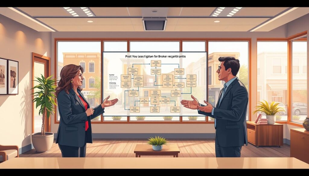 Broker reciprocity explained: a BestFoundLocal illustration. A spacious real estate office with warm lighting and wooden accents. In the foreground, two realtors engaged in a discussion, gesturing animatedly as they explain the intricacies of the broker reciprocity system. The middle ground showcases a digital display presenting a detailed workflow diagram, guiding viewers through the process. In the background, a large window overlooking the bustling Marietta Square, conveying a sense of the local community. The scene emanates professionalism, expertise, and a dedication to streamlining the home-finding journey for prospective buyers.