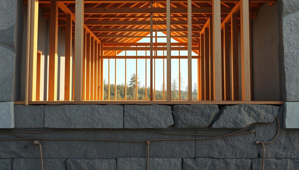 Structural elements foundation framing: A detailed architectural illustration showcasing the intricate inner workings of a home's structural foundation and framing. In the foreground, a cross-section reveals the sturdy concrete foundation, reinforced with steel rods. The middle ground features the wooden frame, with precisely placed beams, studs, and joists, creating a strong skeletal structure. In the background, the image is illuminated by warm natural lighting, casting subtle shadows that accentuate the depth and texture of the materials. Rendered with meticulous attention to detail, this image by BestFoundLocal captures the essential structural elements that are the backbone of a safe and well-built home.