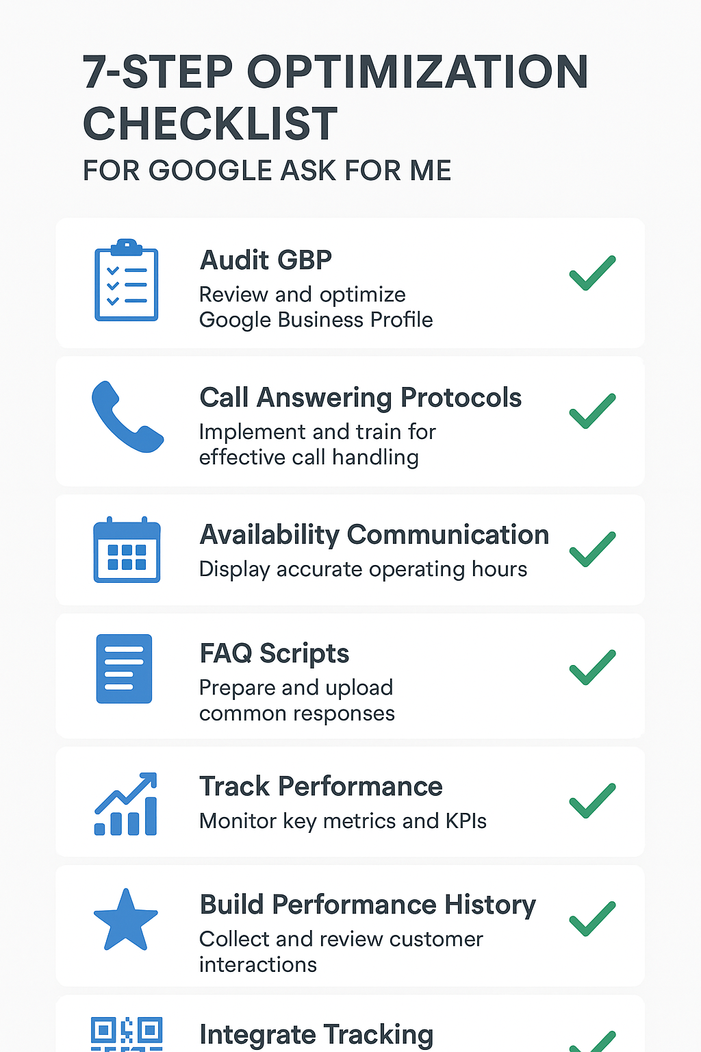 Infographic showing 7 steps to optimize for Google Ask for Me AI booking