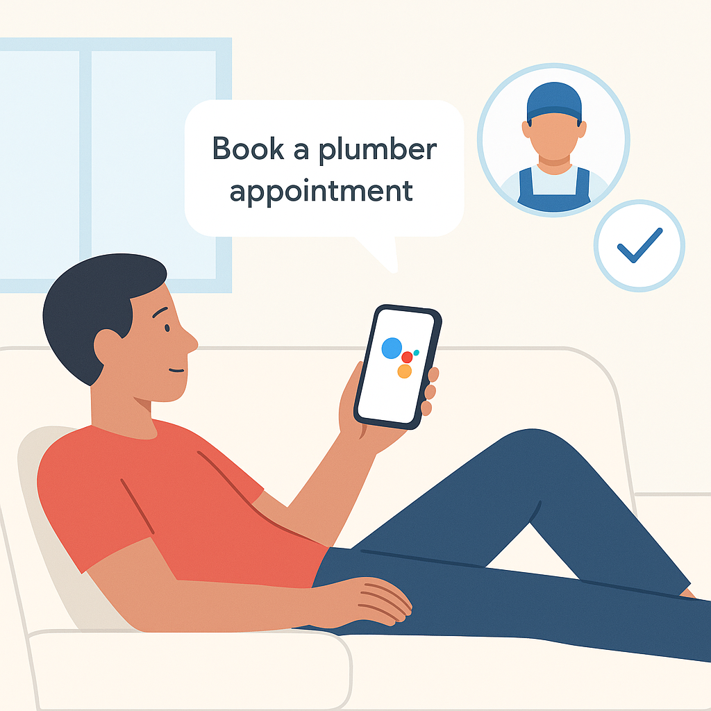 google ask for me appointments -- Person relaxing on couch using Google Assistant on smartphone while AI books a plumber appointment in the background
