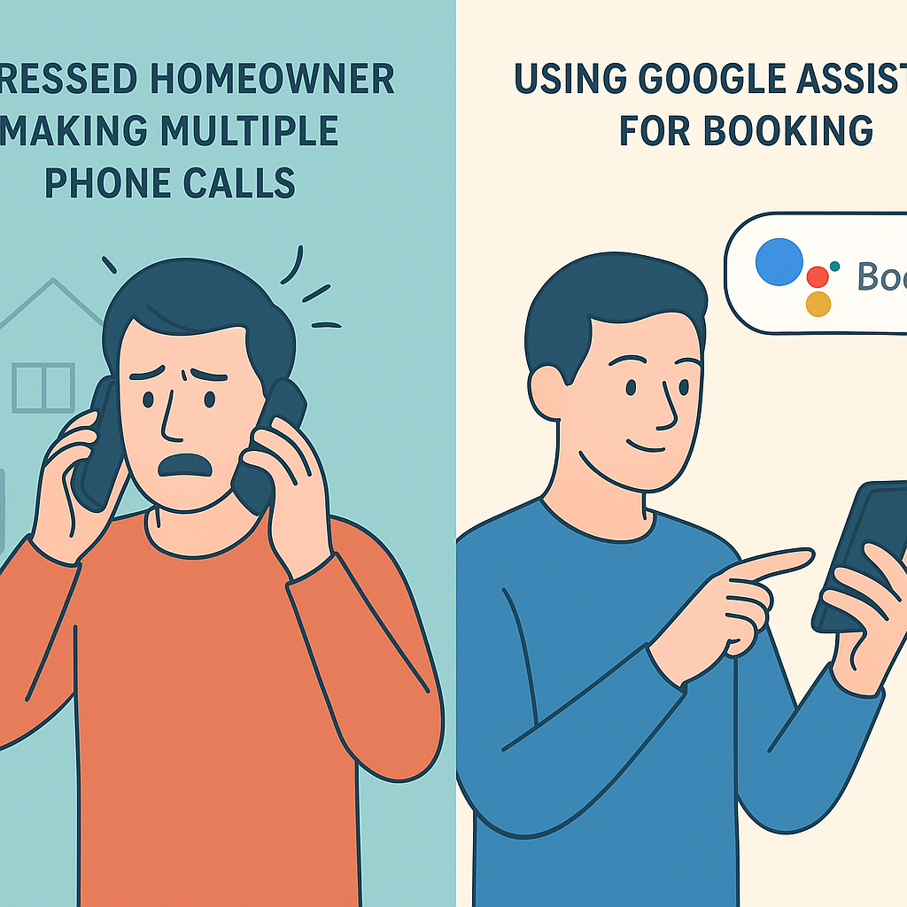 google ask for me appointments -- Side-by-side comparison illustration of stressed homeowner making multiple phone calls versus person calmly using Google Assistant for booking