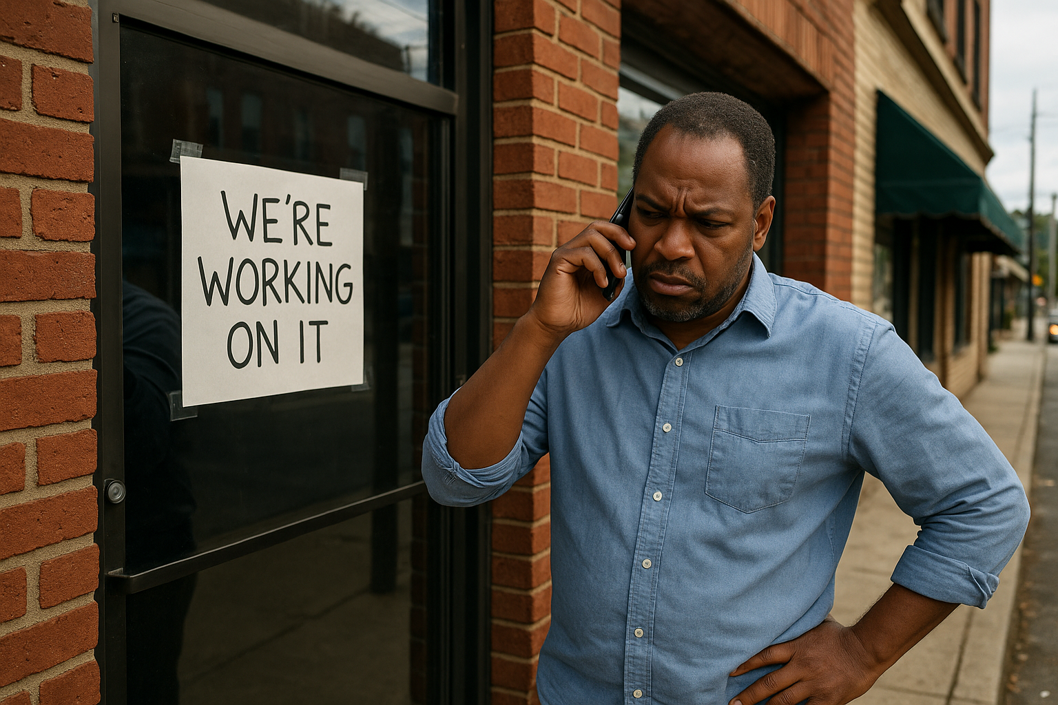 Frustrated Georgia business owner on phone with government office, surrounded by paperwork and rejection notices