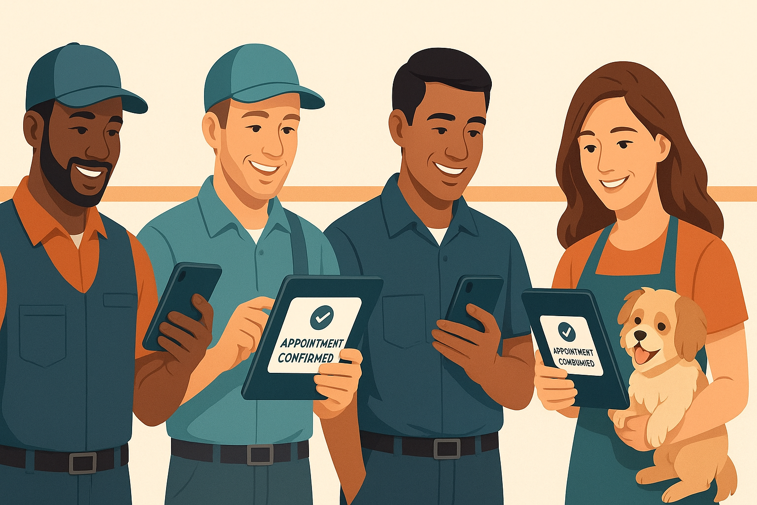 Diverse local service providers including plumber HVAC technician and pet groomer smiling while viewing appointment confirmations on their phones and tablets