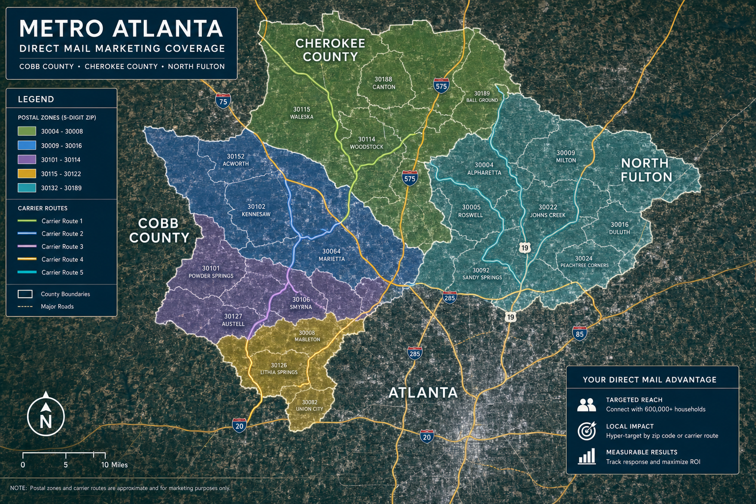 Suburban Metro Atlanta carrier routes map for contractor marketing strategies and direct mail targeting