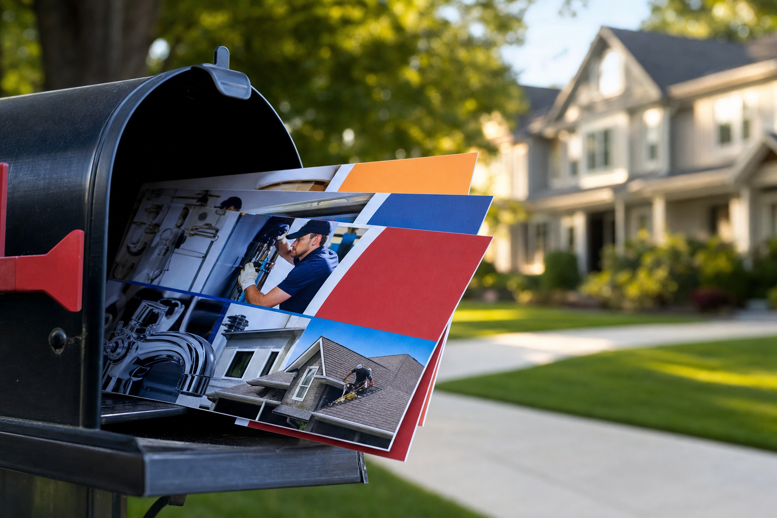 Direct mail postcards in suburban mailbox illustrating local contractor marketing strategies